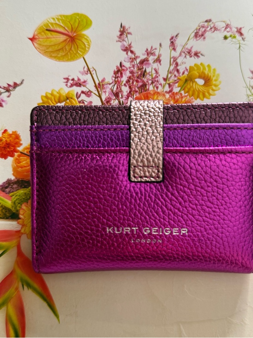 Kurt Geiger Metallic Fuchsia Leather Card Wallet with Gold Strap - Picture 13 of 15